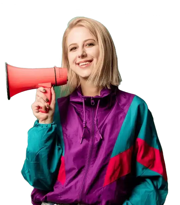 Woman with a loudspeaker announcing a social media campaign