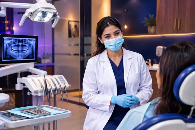 Dentist talking with a patient in a modern dental clinic