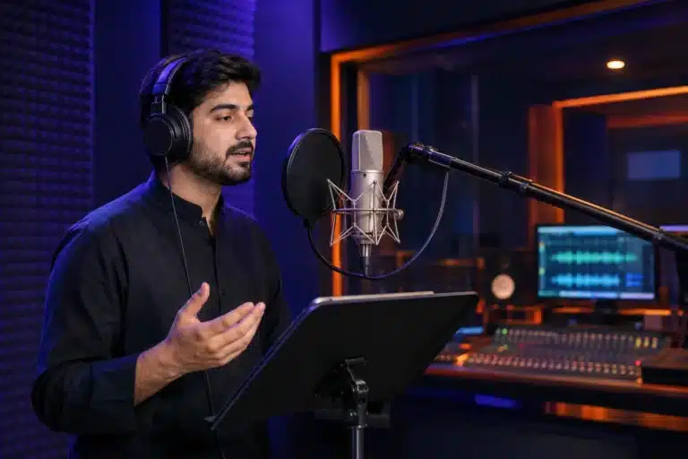 Voice artist recording Urdu and Hindi dubbing in a professional studio