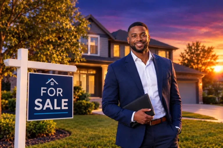 Real estate agent standing outside a home for sale in Richmond, Texas