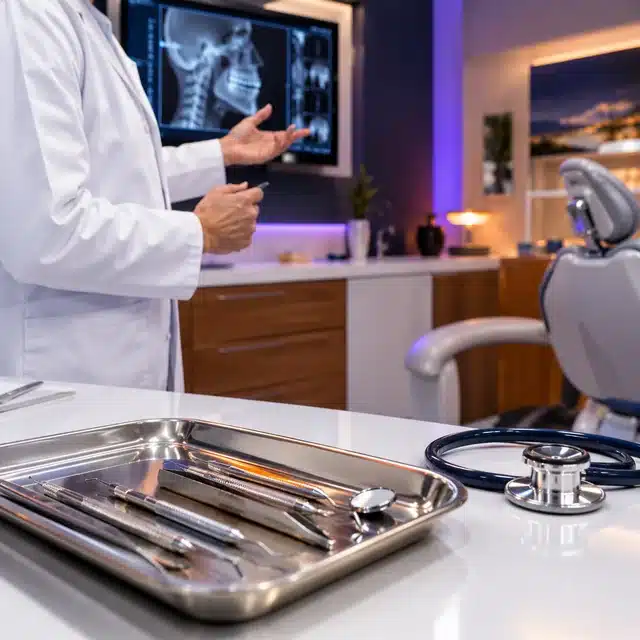 Dental instruments laid out in a clinic representing healthcare clients