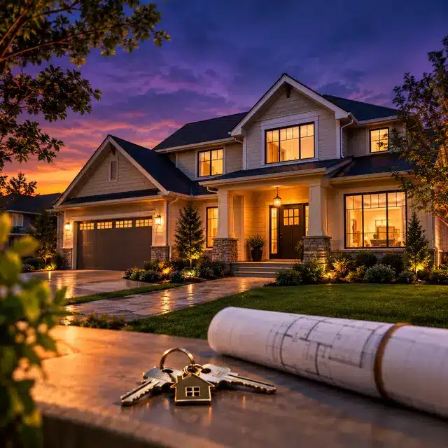 Suburban home at dusk representing property and real estate clients
